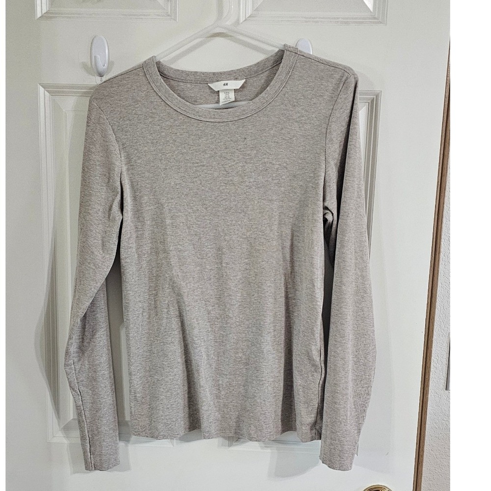HM Womens Long Sleeve Ribbed Knit Crewneck Top Heathered Beige XL 0999727‎ 0